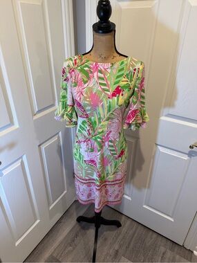 Pappagallo Pink and Green Tropical Print Midi Dress